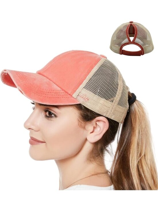 〽️Women Light Orange High Ponytail Baseball Cap Trucker Bad Hair Day Adjustable